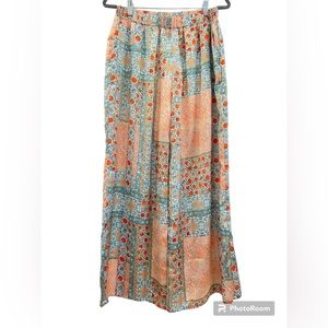 Wide Leg Patchwork Print Palazzo Pants - Teal & Coral